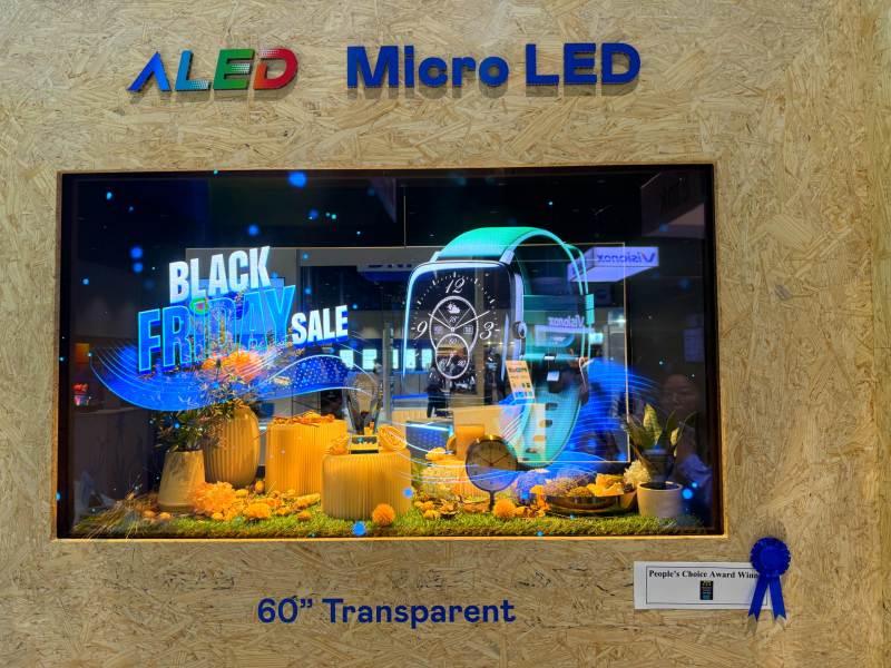 云顶国际60吋高透明度Micro LED显示器获”最佳Micro LED技术应用奖”，将Micro LED面板透明化之设计特性极致发挥，以可扩展性无缝拼接技术打造，具备600 nits全画面亮度、大于60%穿透率及超过NTSC 110%的优异广色域表现，可依需求灵活应用于各种场域